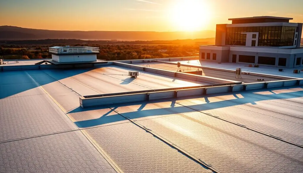 10 Common Commercial Roofing Mistakes to Avoid: A view of a commercial roofing system with the sunset on the horizon.