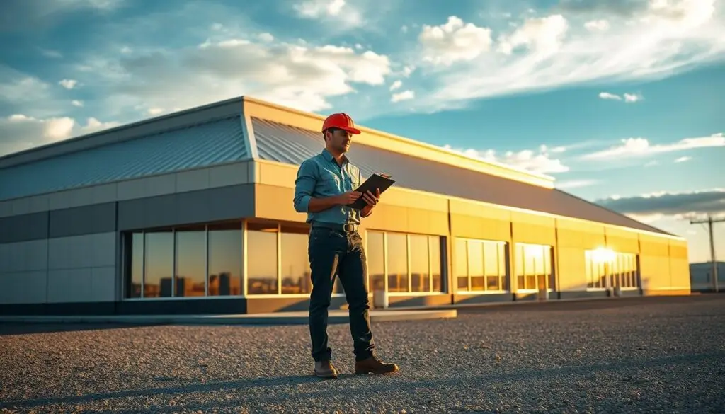 A commercial building with a sleek, modern roofing system set against the backdrop of the majestic Cheyenne, Wyoming skyline. The building's facade is adorned with clean lines and large windows, bathed in warm, golden sunlight that casts long shadows across the well-maintained gravel parking lot. The roofing material appears to be a durable, reflective metal, seamlessly integrated into the architectural design. In the foreground, a professional roofing inspector meticulously examines the roof, clipboard in hand, assessing its condition with a keen eye. The image conveys a sense of diligence, attention to detail, and the importance of regular roof maintenance for commercial properties.